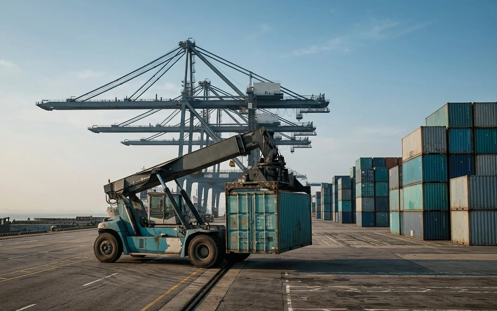 Un reach stacker levantando un contenedor en una terminal portuaria en operación, con grúas de muelle al fondo.
